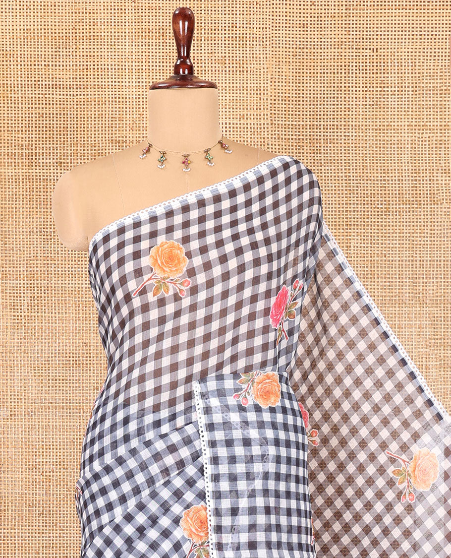 Grey Linen Cotton Saree, Adorned with Checks and a Floral Print, Lace Border, a Self-Pallu, and a Contrast Blouse