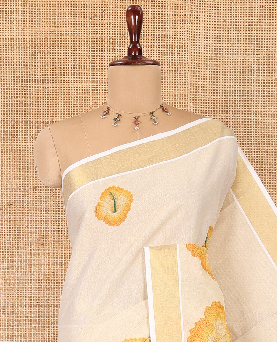 Cream Kerala Cotton Saree, Beautified with Hibiscus Motifs, a Zari Border, Hibiscus Pallu, and a Contrast Blouse