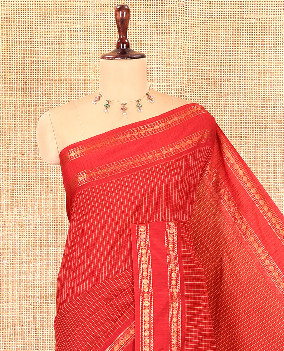 Rani Checked Kalyani Cotton Saree, Contrast Rettai Pettu Rudraksham Border and a Matching Blouse