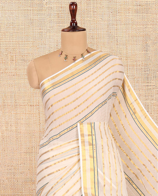Cream Khadi Mul Cotton Saree, Decorated with Horizontal Gold Zari Stripes, a Zari Border, Green-Tasseled Pallu, and No Blouse