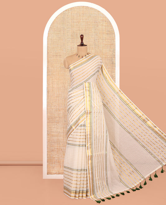Cream Khadi Mul Cotton Saree, Decorated with Horizontal Gold Zari Stripes, a Zari Border, Green-Tasseled Pallu, and No Blouse