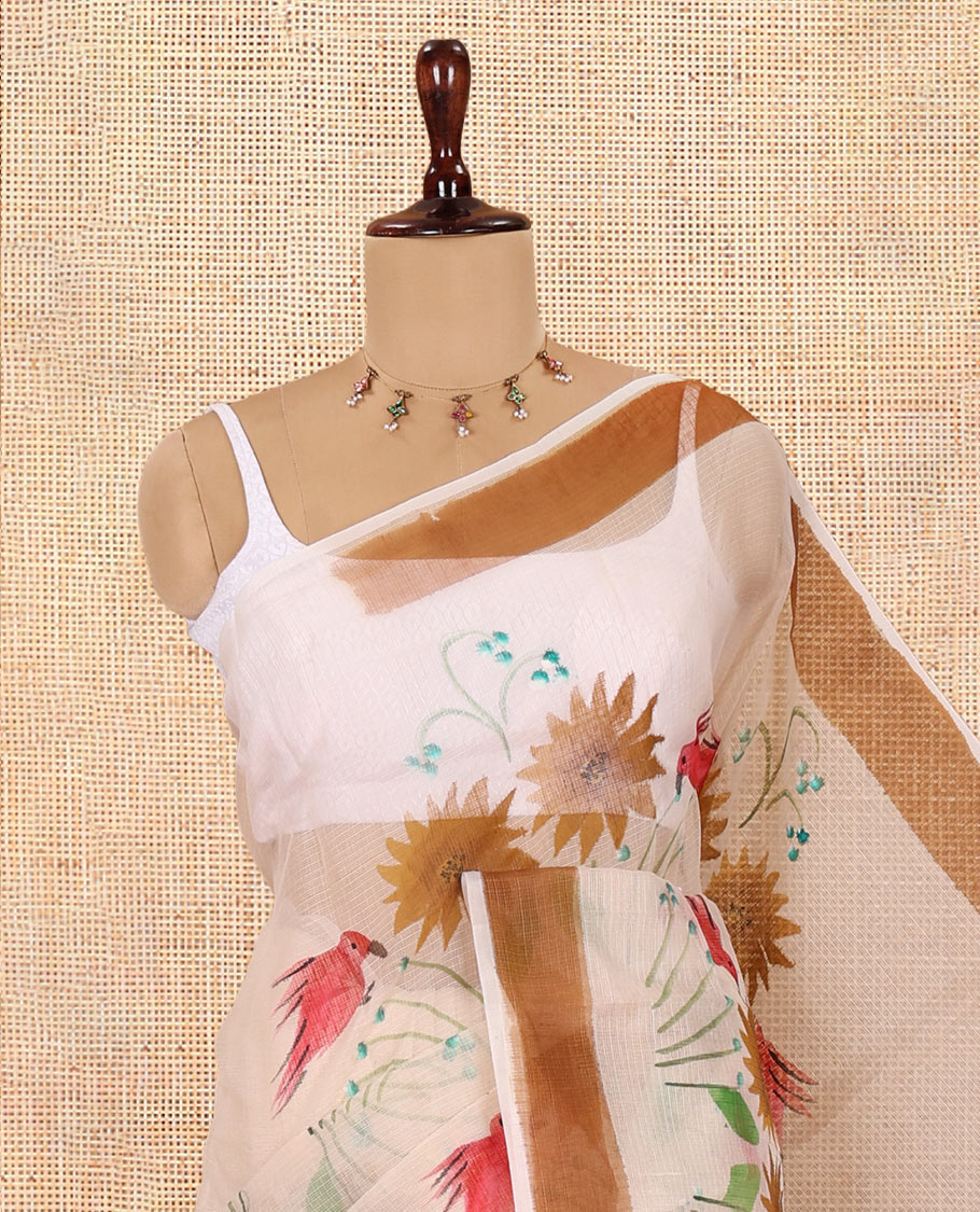 Chikku Kota Doria Saree, Adorned with a Floral-Bird Hand-Brush Painting-Style Print, a Contrast Border, and a Matching Blouse