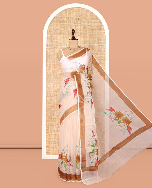 Chikku Kota Doria Saree, Adorned with a Floral-Bird Hand-Brush Painting-Style Print, a Contrast Border, and a Matching Blouse