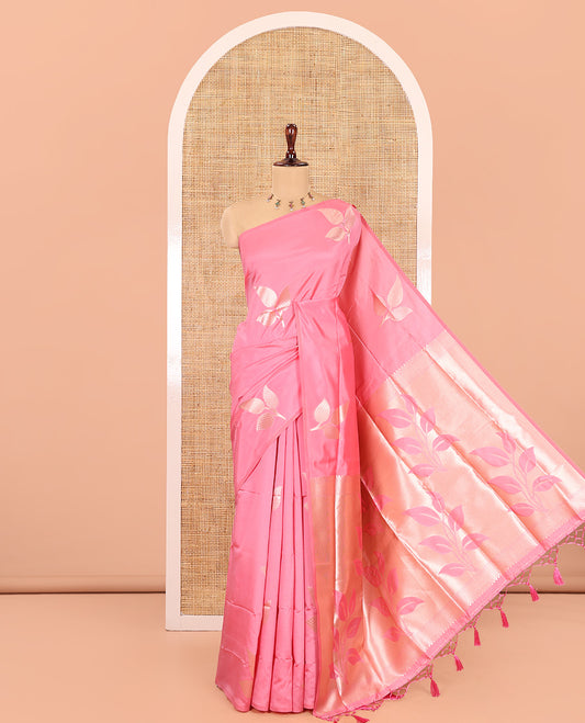 Borderless Pink Elite Soft Silk Saree, Elevated with Leaf Motifs, a Self-Pallu of Floral Designs, and a Matching Blouse