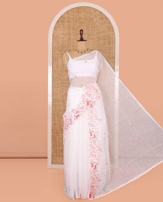 White Kota Doria Saree, Delicately Woven with Floral and Deer Embroidery, a Scallop Border, and a Contrast Deer Embroidery Blouse