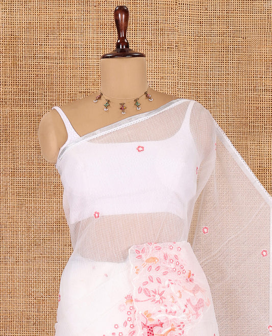 White Kota Doria Saree, Delicately Woven with Floral and Deer Embroidery, a Scallop Border, and a Contrast Deer Embroidery Blouse