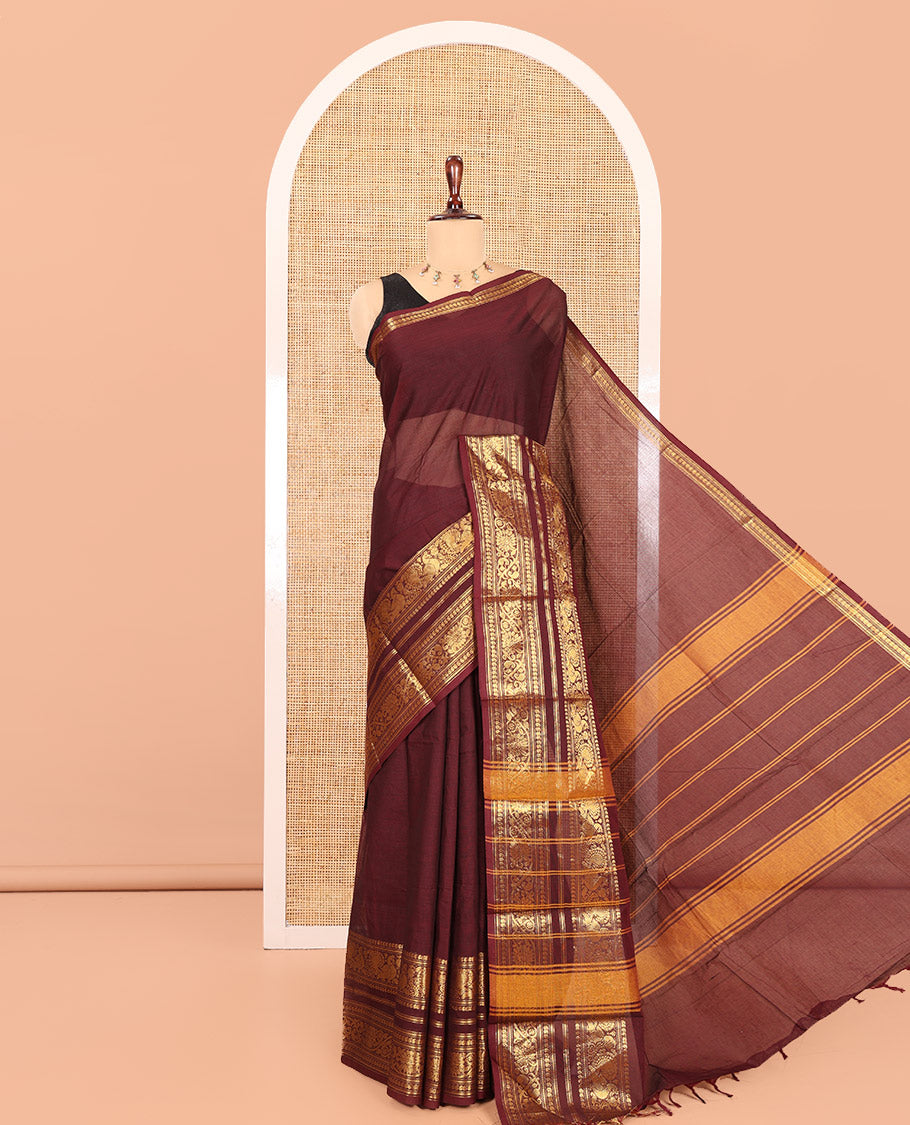 Maroon Plain Chettinad Cotton Saree, Highlighted by a Traditional Zari Border, Striped Pallu, and a Matching Blouse