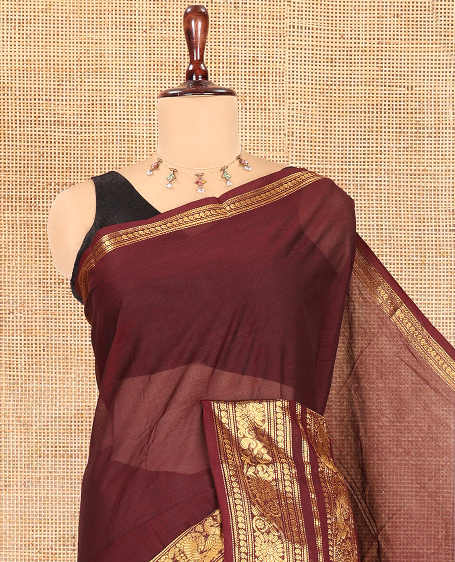 Maroon Plain Chettinad Cotton Saree, Highlighted by a Traditional Zari Border, Striped Pallu, and a Matching Blouse