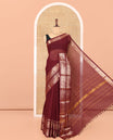 Brown Plain Chettinad Saree, Gleamed Up with a Zari Rettai Pettu Traditional Border, Striped Pallu, and a Matching Blouse