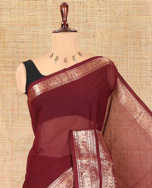 Brown Plain Chettinad Saree, Gleamed Up with a Zari Rettai Pettu Traditional Border, Striped Pallu, and a Matching Blouse