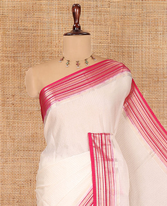 Cream Zari Checked Art Crepe Saree, Contrast Horizontal Striped Border, Zari Striped Pallu, and a Contrast Blouse