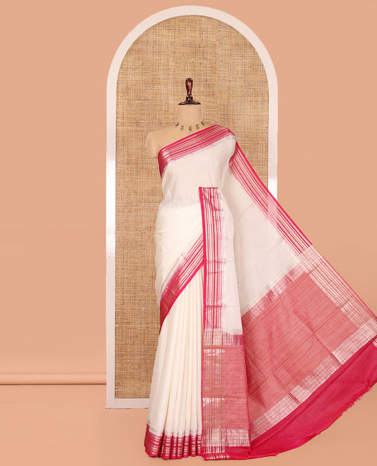 Cream Zari Checked Art Crepe Saree, Contrast Horizontal Striped Border, Zari Striped Pallu, and a Contrast Blouse