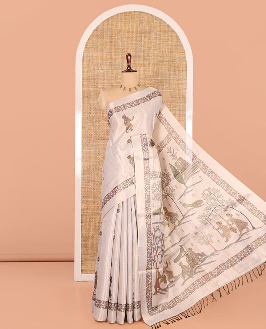 Gold Tissue Saree, Decked Up with Floral and Madhubani-Style Print, a Self-Border, Printed Pallu, and a Matching Blouse