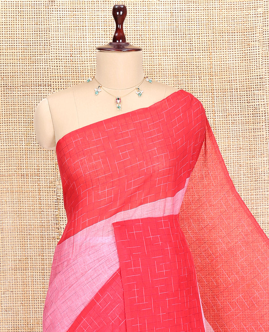 Pink-Red Khadi Mul Cotton Saree, Subtly Sparkled with Geometric Print, Complemented by a Contrast Border, and No Blouse