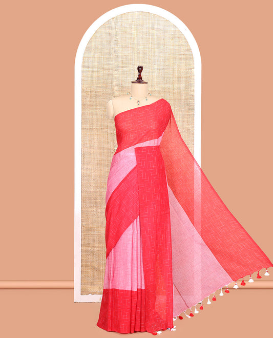 Pink-Red Khadi Mul Cotton Saree, Subtly Sparkled with Geometric Print, Complemented by a Contrast Border, and No Blouse