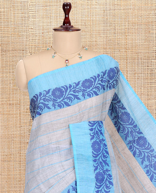 Grey Striped Handloom Mercerised Cotton Saree, Complemented by a Contrast Floral Creeper Border, and No Blouse