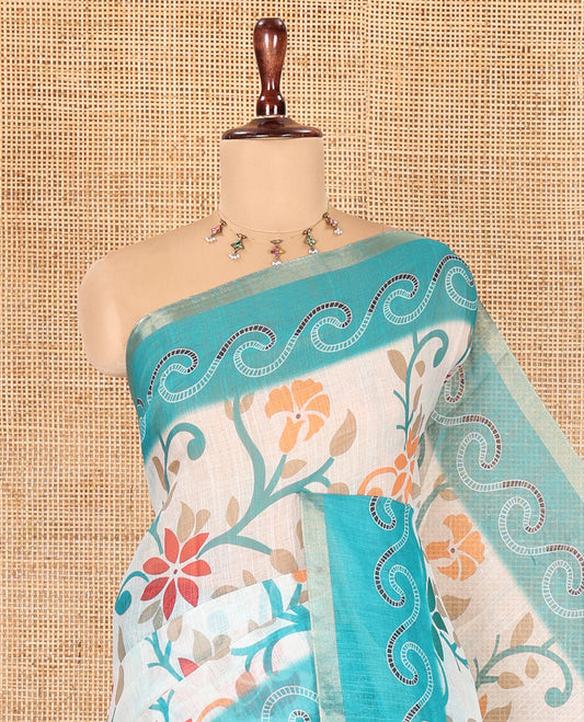 Rama Linen Cotton Saree Features Floral Vine Print, a Contrast Border, Paisley-Printed Pallu, and a Contrast Blouse