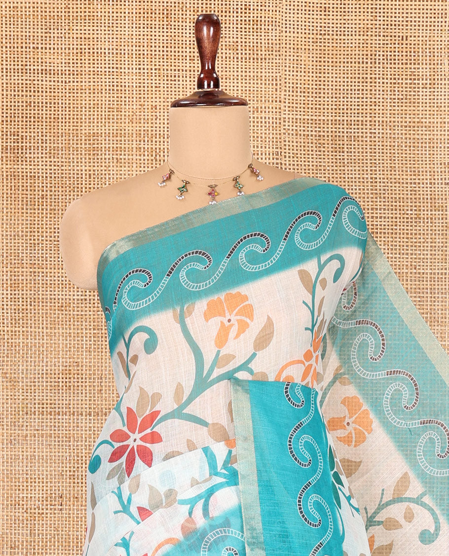 Rama Linen Cotton Saree Features Floral Vine Print, a Contrast Border, Paisley-Printed Pallu, and a Contrast Blouse
