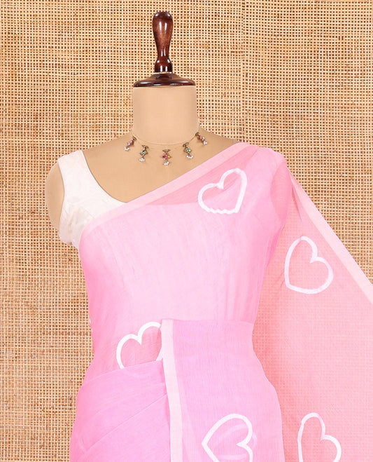 Borderless Pink Khadi Mul Cotton Saree, Steeped with Heart Motifs Print, and No Blouse