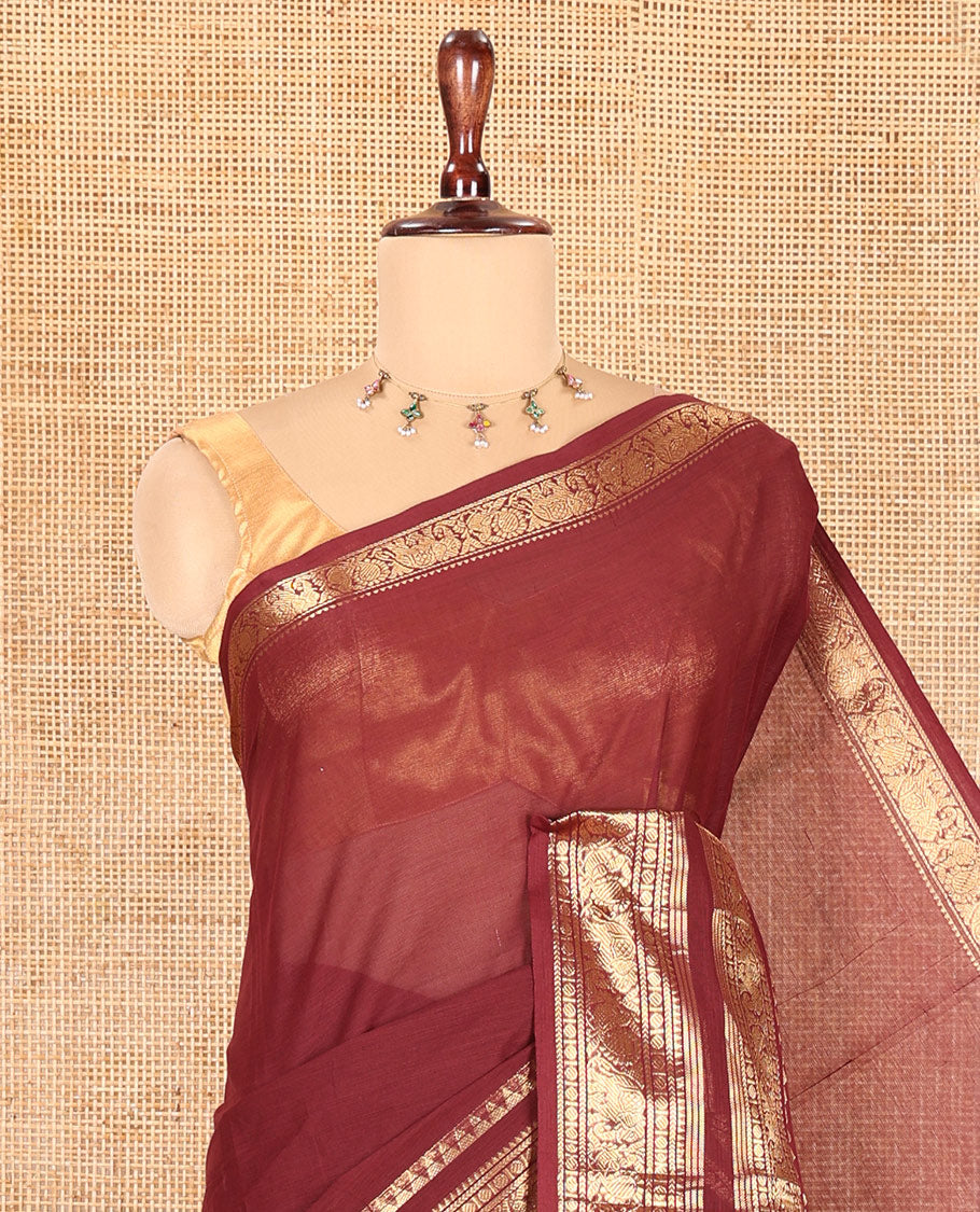 Maroon Plain Chettinad Cotton Saree, Highlighted by Rettai Pettu Peacock-Elephant Border, a Matching Blouse