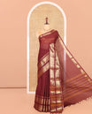 Maroon Plain Chettinad Cotton Saree, Highlighted by Rettai Pettu Peacock-Elephant Border, a Matching Blouse