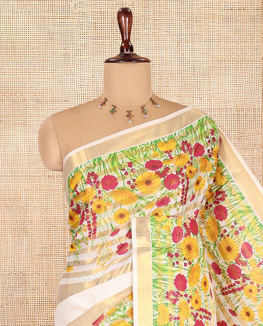 Cream Plain Kerala Cotton Saree, Highlighted by a Self-Border of Zari Stripes and Floral Print, a Matching Blouse