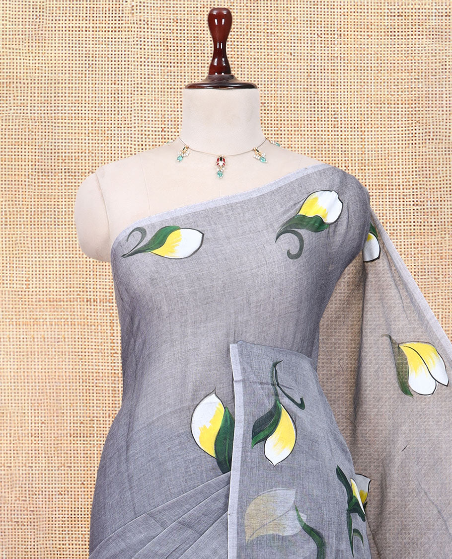 Borderless Grey Khadi Mul Cotton Saree Features Floral Hand-Brush Painting, and a Matching Blouse