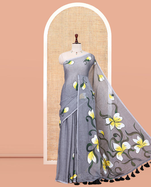 Borderless Grey Khadi Mul Cotton Saree Features Floral Hand-Brush Painting, and a Matching Blouse