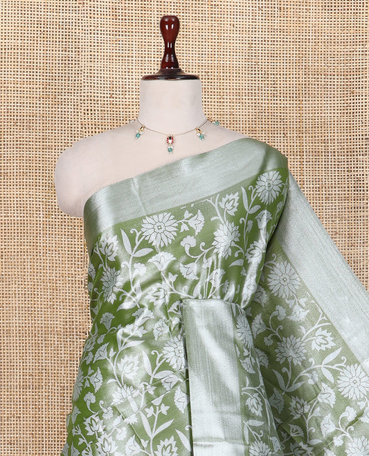 Olive Green Tissue Cotton Saree Features Floral Vine Design, a Zari Border, Contrast Intricate Pallu, and a Contrast Blouse