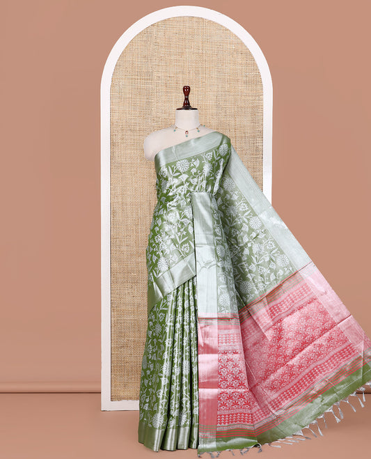 Olive Green Tissue Cotton Saree Features Floral Vine Design, a Zari Border, Contrast Intricate Pallu, and a Contrast Blouse