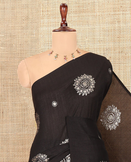 Borderless Black Vichitra Silk Saree, Enriched with Circle Buttas, a Self-Pallu, and No Blouse
