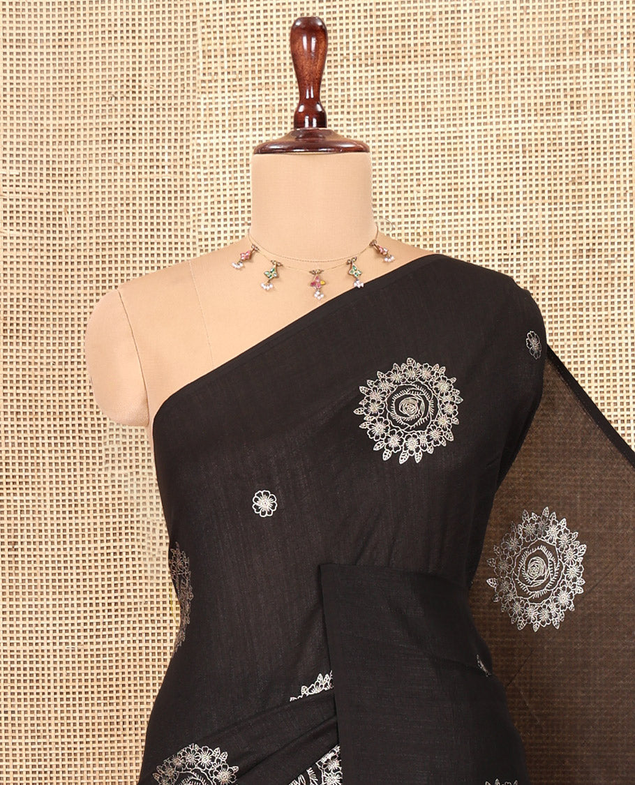 Borderless Black Vichitra Silk Saree, Enriched with Circle Buttas, a Self-Pallu, and No Blouse
