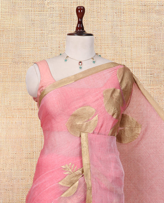 Peach Khadi Mul Cotton Saree Features Floral Motifs Glitter-Print, a Piping Border, and a Matching Blouse