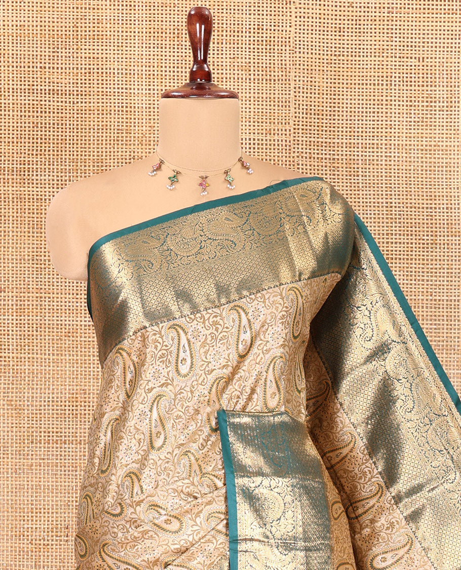 Gold Art Silk Saree, Ornamented with Floral-Paisley Jacquard Design, a Traditional Zari Border, Intricate Pallu, and a Matching Blouse