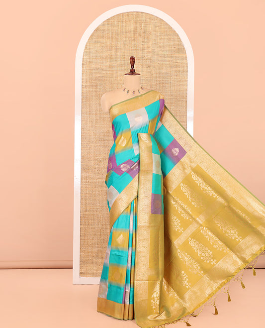 Mehendi Elite Soft Silk Saree, Elevated with Zari Buttas and Checks, a Contrast Traditional Border, Grand Pallu, and a Contrast Blouse