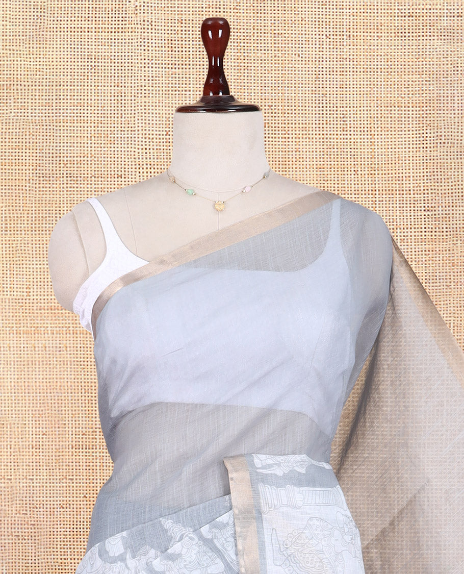 Grey Linen Cotton Saree Features Kalamkari Human Figurines, a Piping Border, Kalamkari Pallu, Contrast Blouse