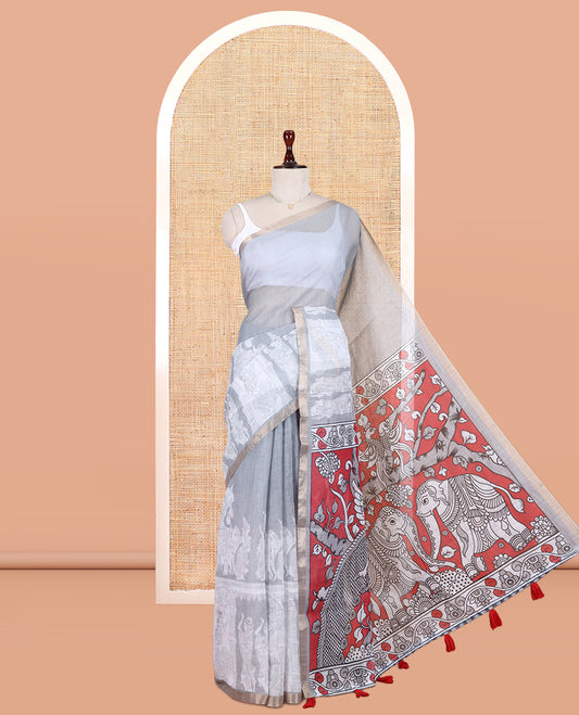 Grey Linen Cotton Saree Features Kalamkari Human Figurines, a Piping Border, Kalamkari Pallu, Contrast Blouse