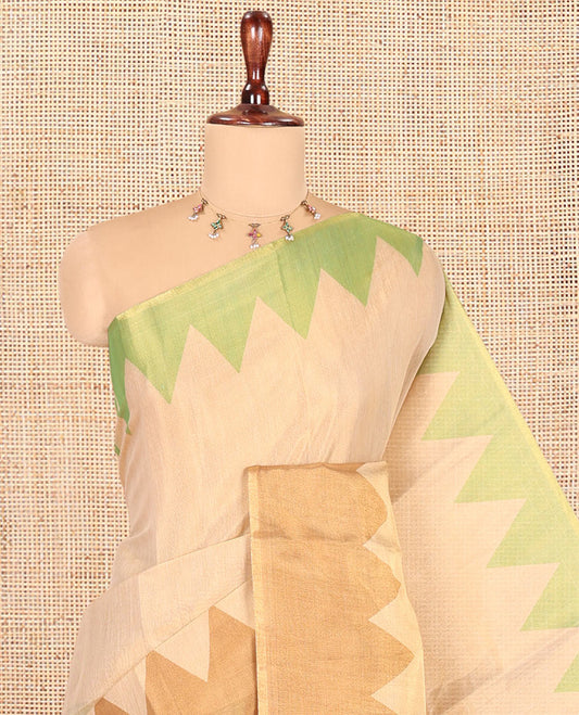 Gold-Green-Brown Plain Tissue Saree, Complemented by Contrast Ganga-Jamuna Temple Border, a Matching Blouse