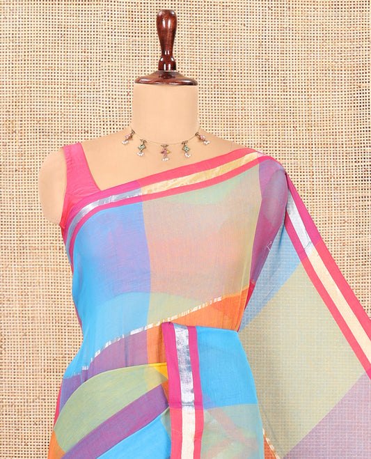 Rama Big Checked Khadi Mul Cotton Saree, a Piping Border, Striped Pallu, and No Blouse