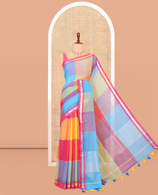 Rama Big Checked Khadi Mul Cotton Saree, a Piping Border, Striped Pallu, and No Blouse