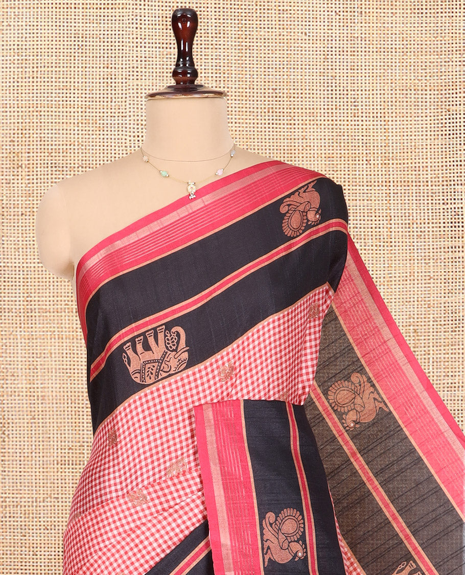 Pink Semi-Raw Silk Saree Features Buttas and Micro-Checks, Contrast Peacock-Elephant Border, Contrast Blouse