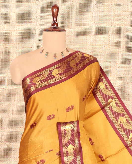 Mustard Peacock Buttas Semi-Soft Silk Saree, Contrast Peacock Border, Buttas Pallu, Matching Blouse