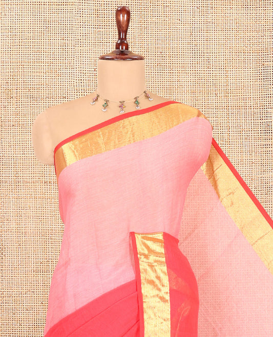Light Pink-Pink Half-And-Half Plain Khadi Mul Cotton Saree, with a Zari Border, and No Blouse
