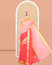 Light Pink-Pink Half-And-Half Plain Khadi Mul Cotton Saree, with a Zari Border, and No Blouse
