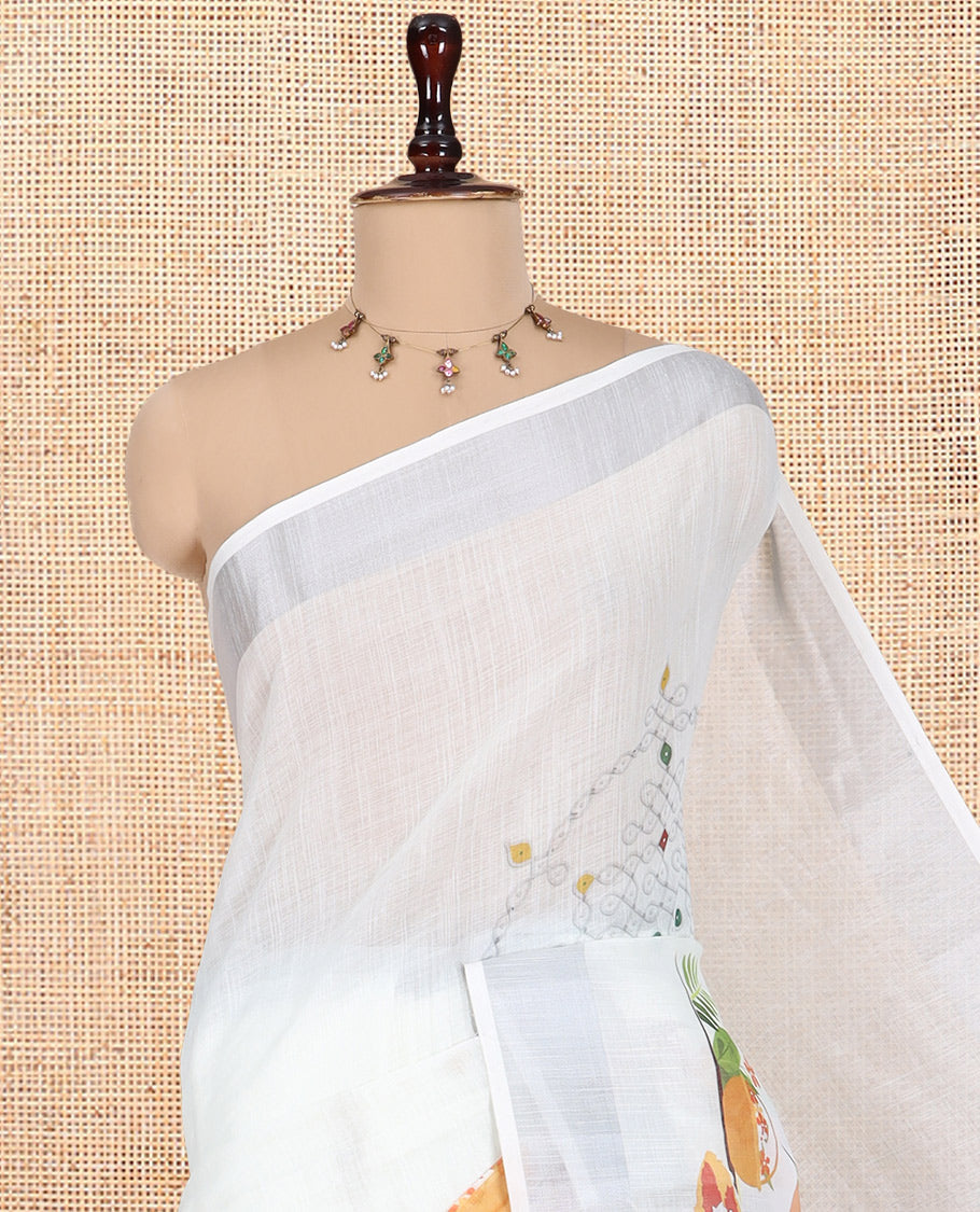 Cream Line Cotton Saree Features Women Celebration Onam Motif, a Zari Border, Matching Blouse