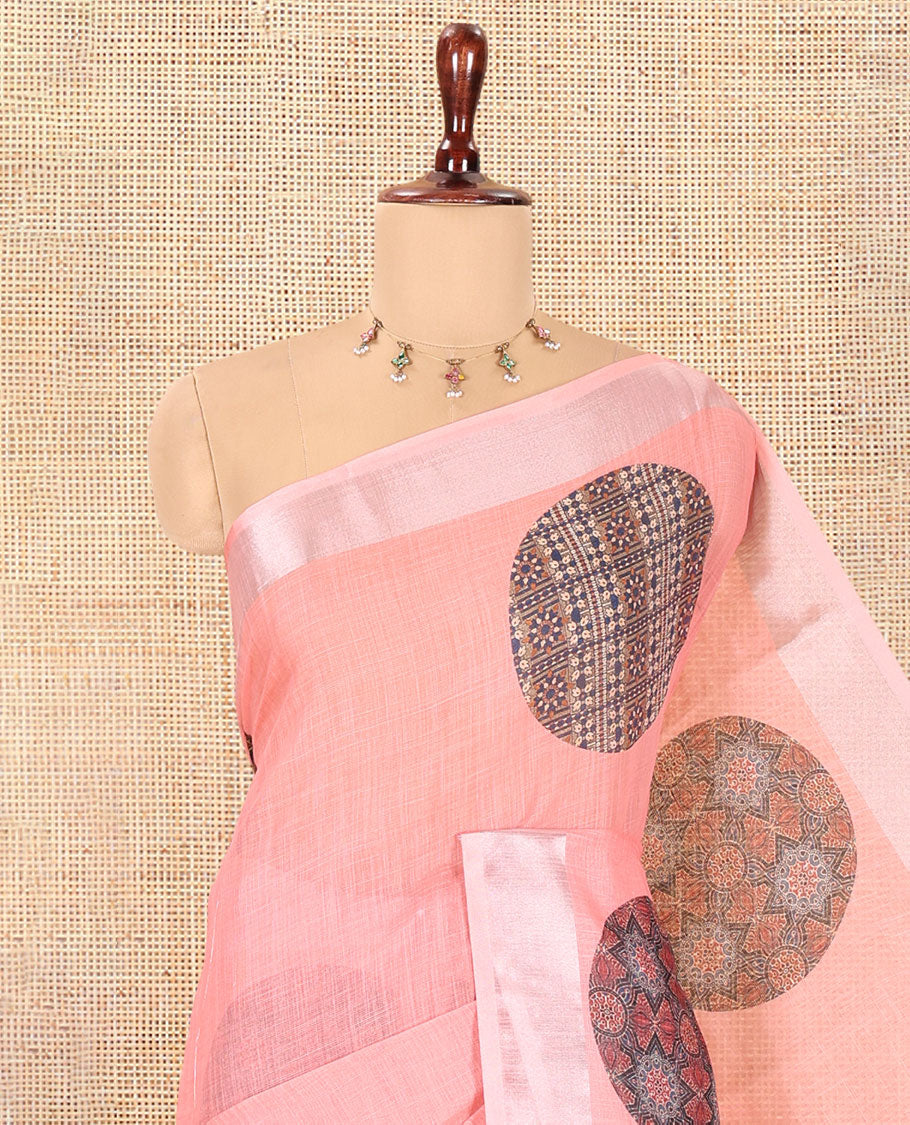 Pink Linen Cotton Saree Features Ajrakh Geometric Print, a Zari Border, Printed Pallu, Contrast Blouse