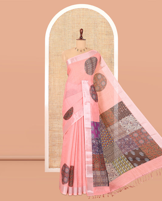Pink Linen Cotton Saree Features Ajrakh Geometric Print, a Zari Border, Printed Pallu, Contrast Blouse