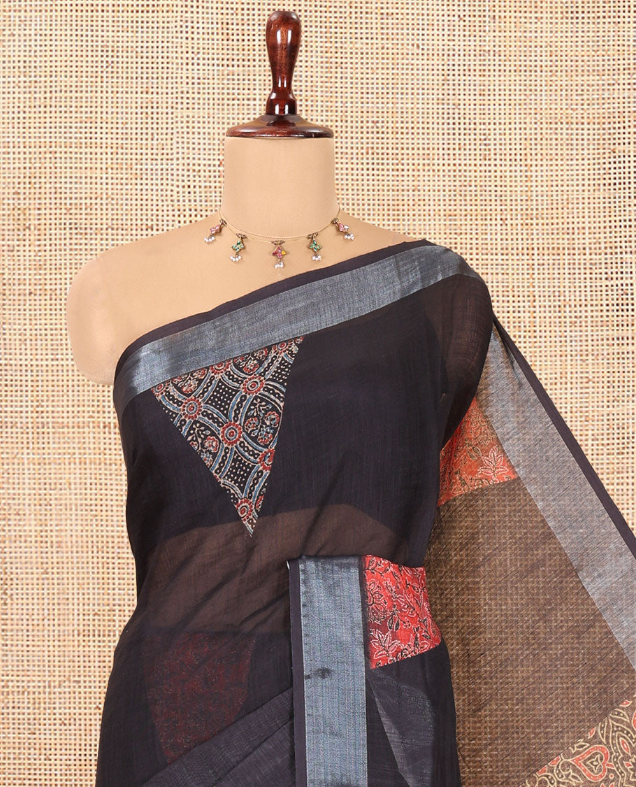 Black Geometric Printed Linen Cotton Saree, a Zari Border, and a Matching Ajrakh Blouse
