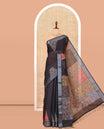 Black Geometric Printed Linen Cotton Saree, a Zari Border, and a Matching Ajrakh Blouse
