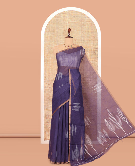 Violet Linen Cotton Saree Features Tree Print, a Zari Piping Border, and a Matching Blouse